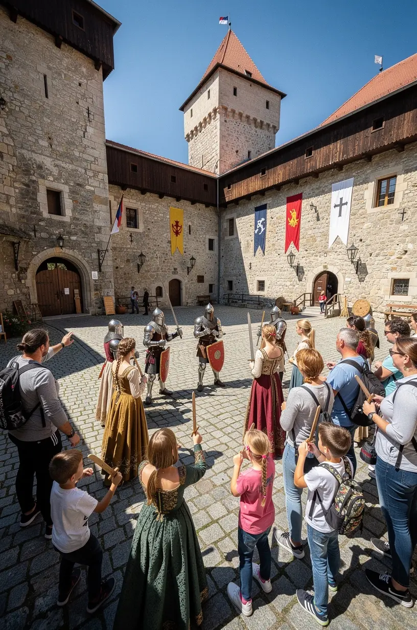 Interiér hradu s ukážkou zachovanej stredovekej architektúry a expozície.